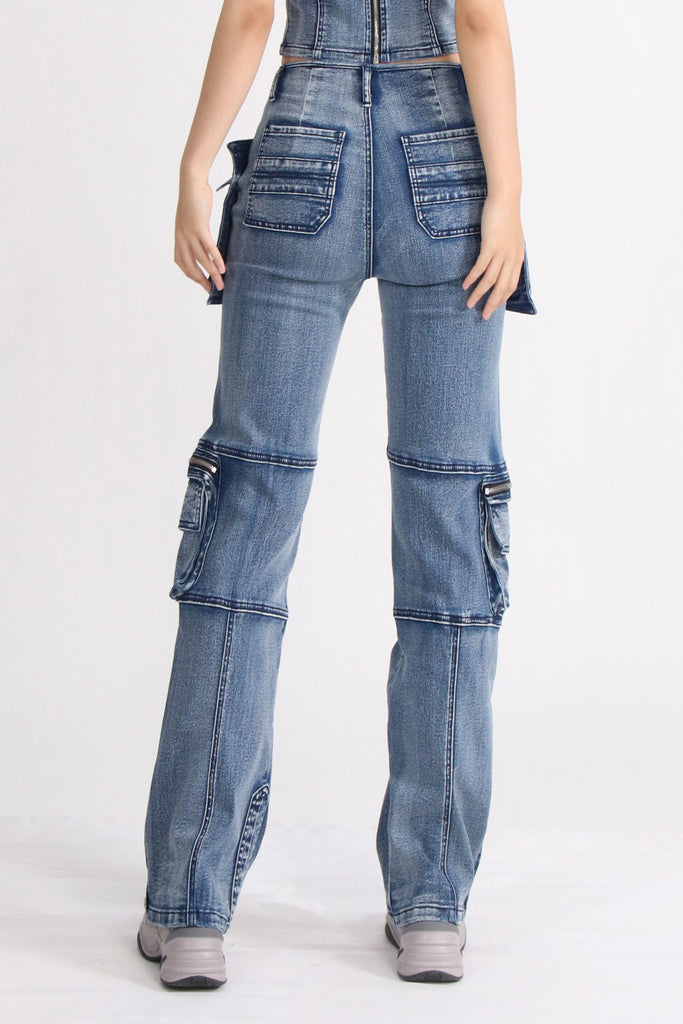 Hochgeschnittene Cargo-Jeans - Blau