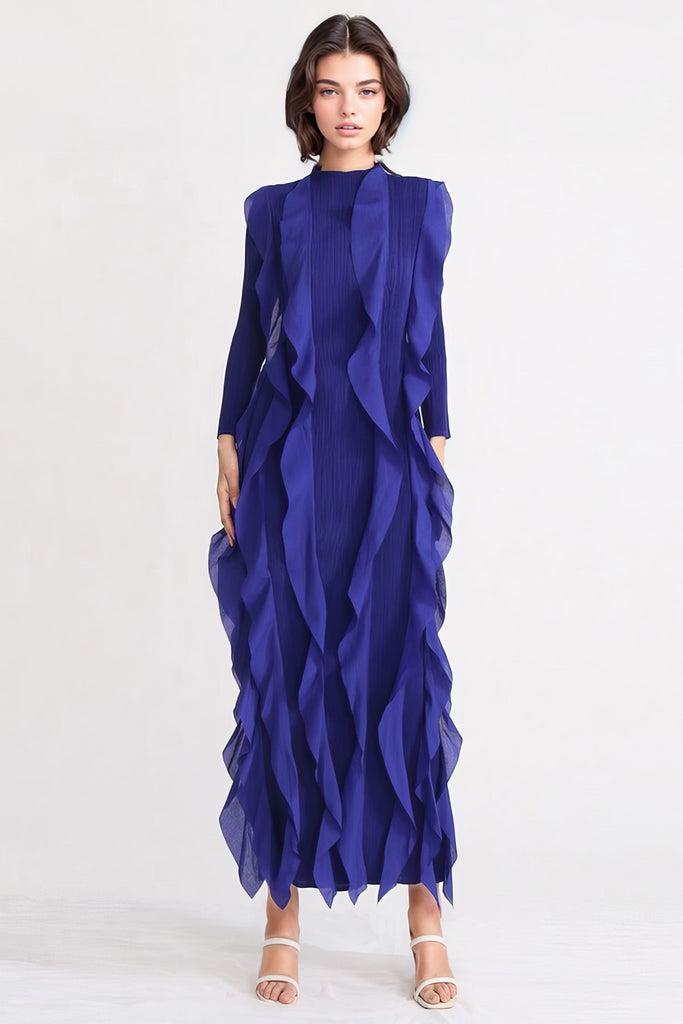 Langærmet kjole med flæser - mørkeblå