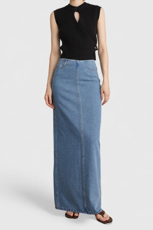 Maxi denim rok met geknipte taille - Blauw