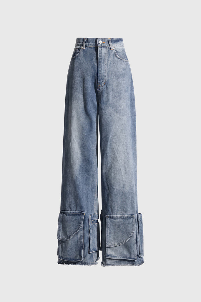Calças de ganga de cintura alta com bolsos na bainha - Azul