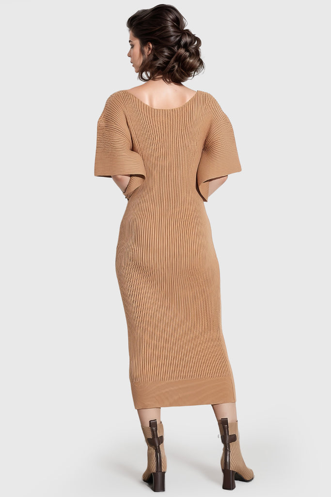 Robe midi à encolure en V et à côtes - Marron