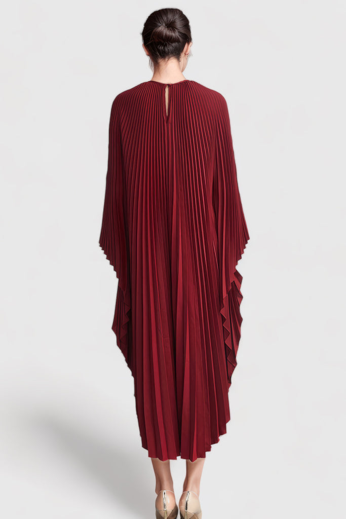 Pleated Maxi Dress with Long Sleeves - Burgundy