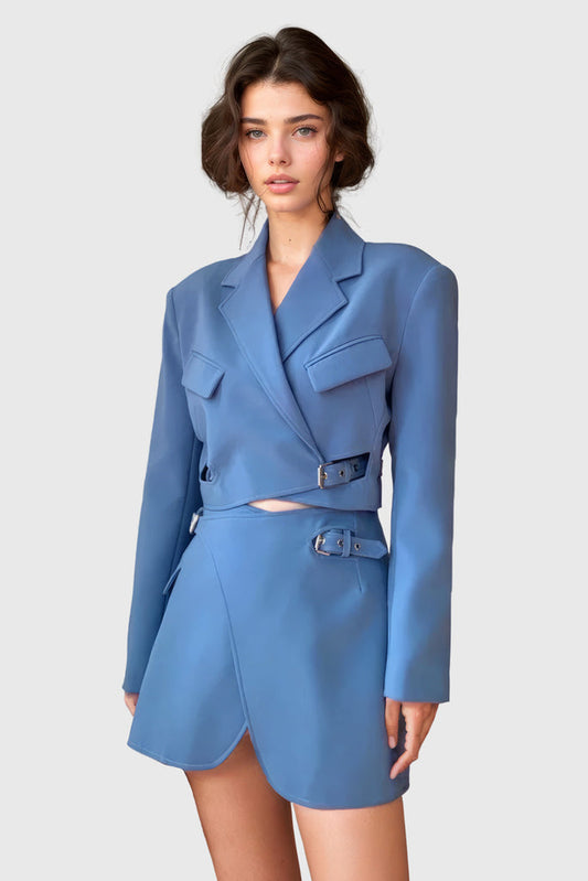 Abito blazer corto con cinture - Blu