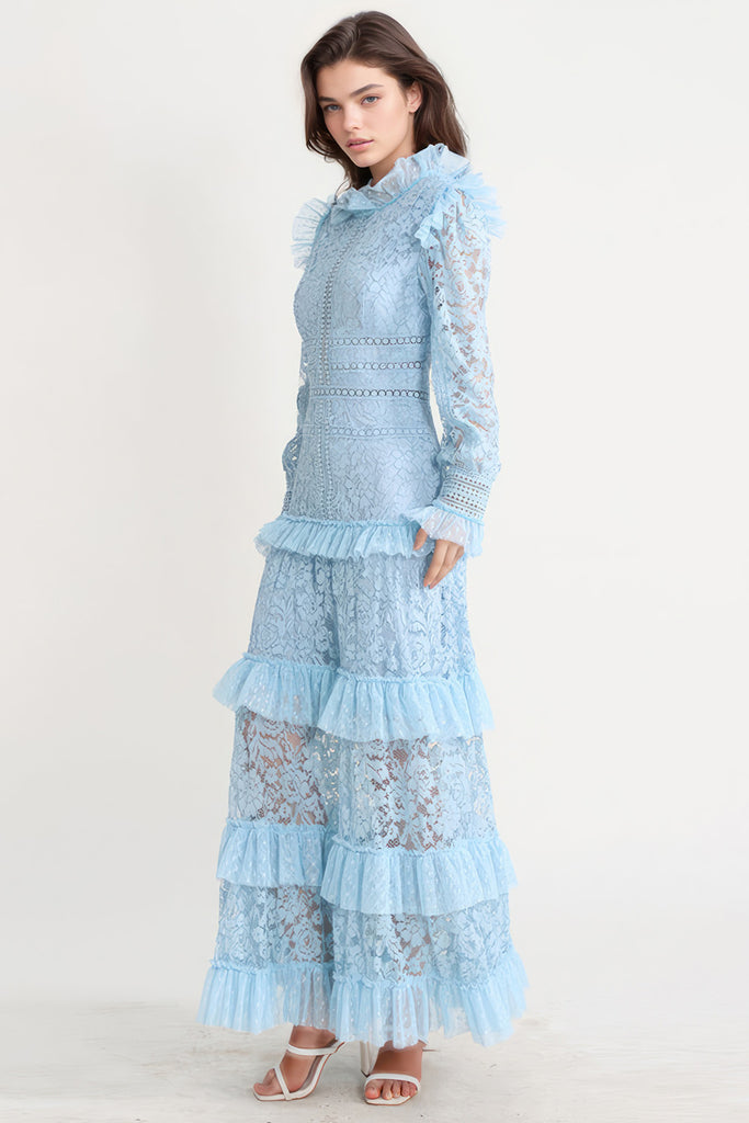 Teksturowana sukienka maxi z długim rękawem - niebieska