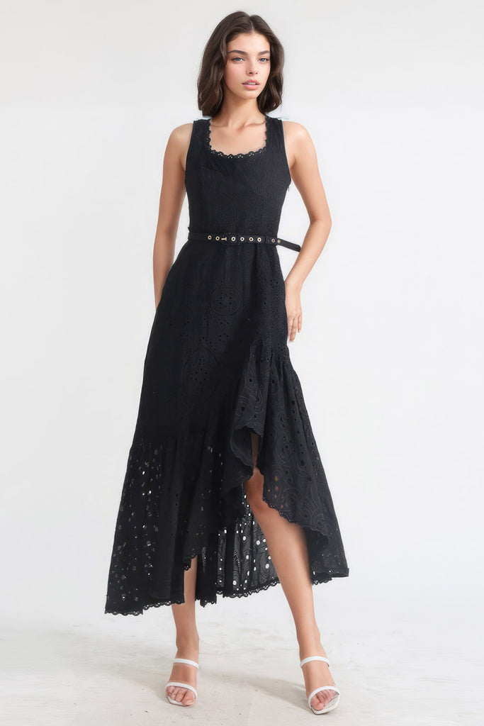 Patterned Irregular Midi Dress - Black