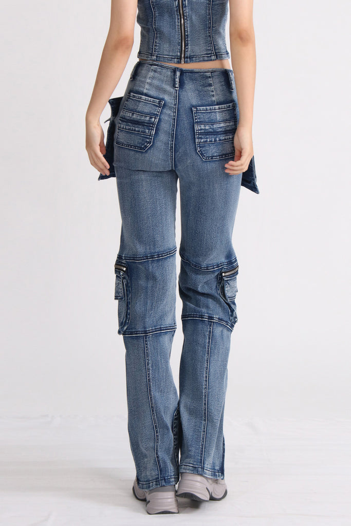 Hochgeschnittene Cargo-Jeans - Blau