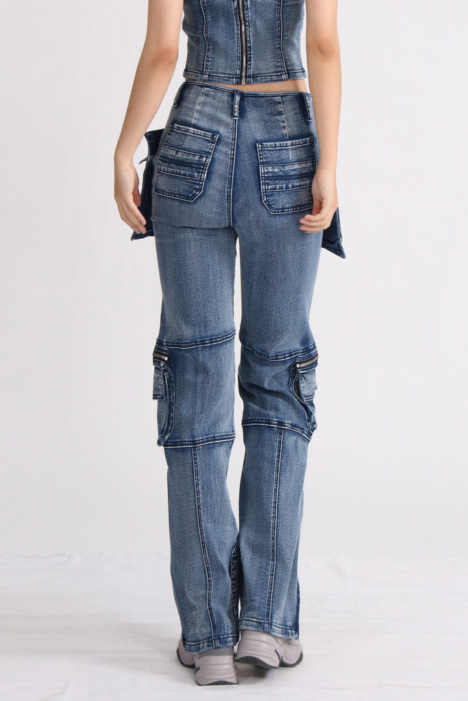 Cargo jeans met hoge taille - Blauw