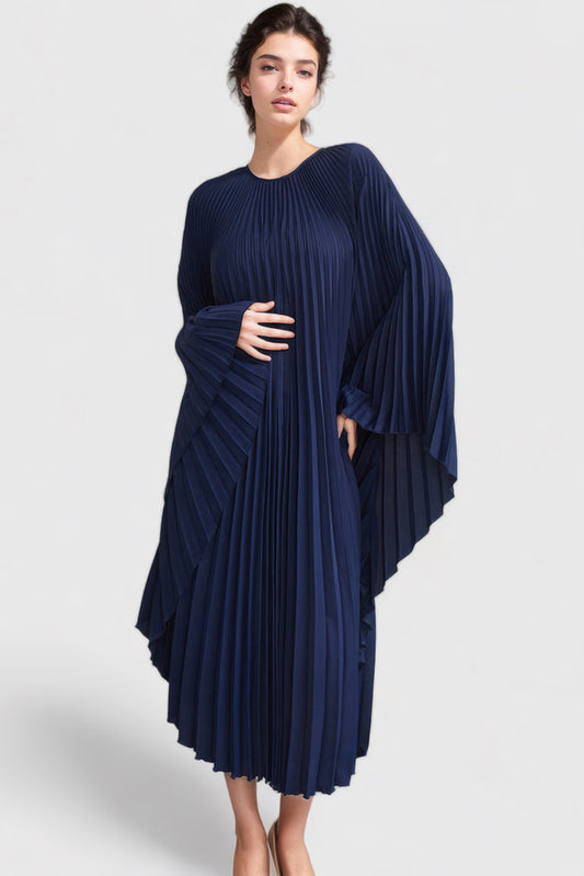 Maxi abito plissettato con maniche lunghe - Navy