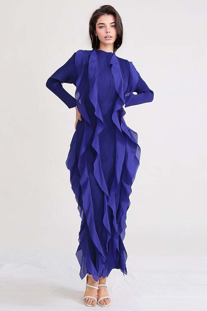 Langærmet kjole med flæser - mørkeblå