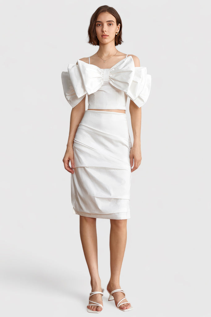 Knee Length Skirt with Folding Details - White