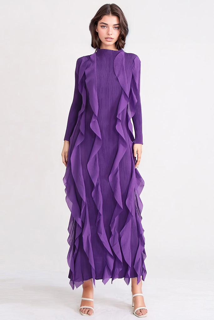 Langærmet kjole med flæser - lilla