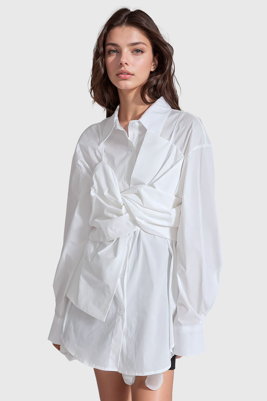 Long Sleeve Shirt Dress with Front Detail - White