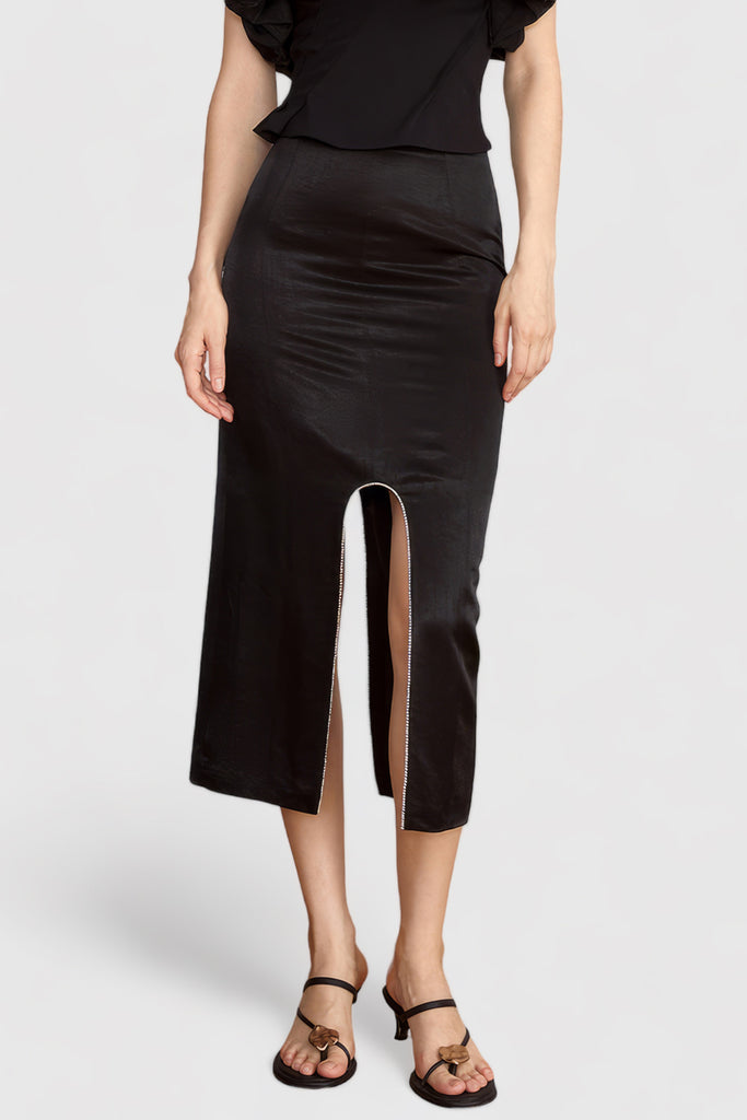Midi-nederdel med afrundet slids - sort