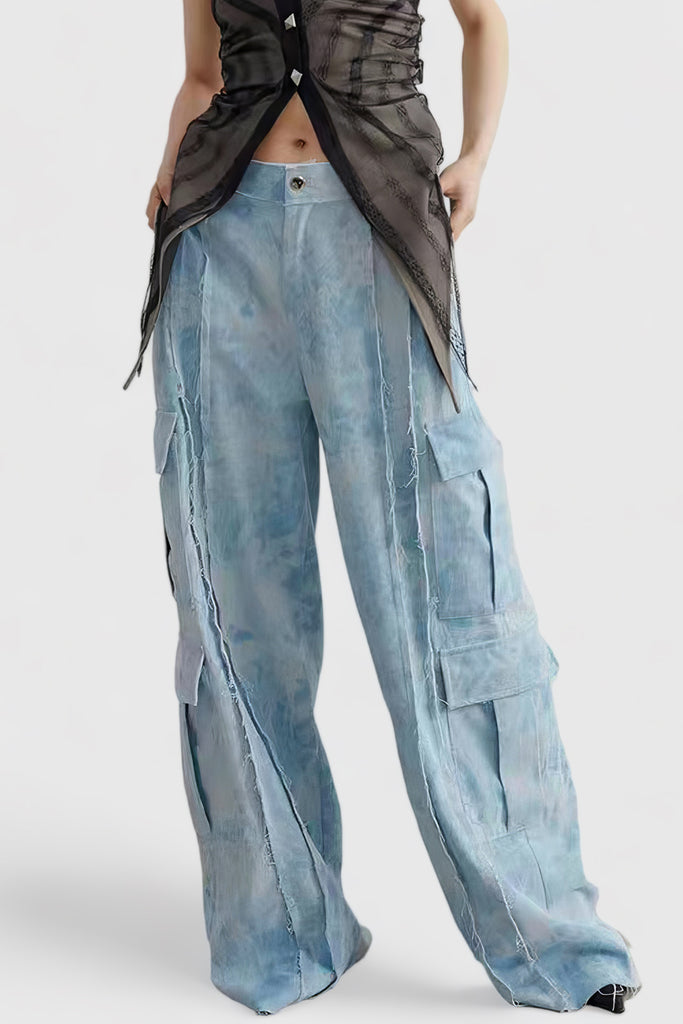 Wide Leg Jeans with Stitching - Blue