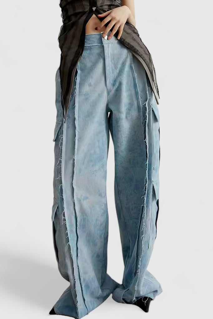 Calças de ganga de perna larga com pesponto - Azul