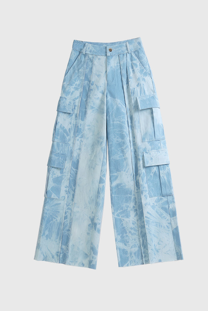 Wide Leg Jeans with Stitching - Blue