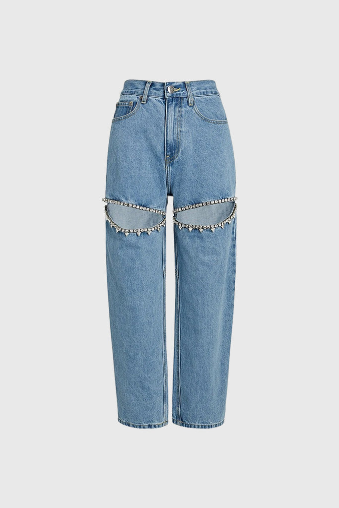 Jeans med høj talje og udskæringer - blå