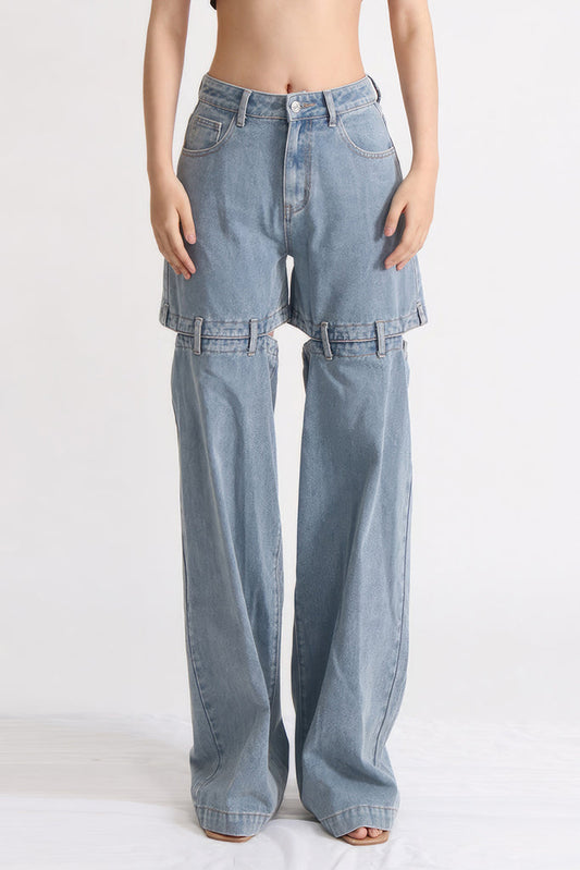 High Waisted Jeans with Back Cuts - Washed Blue