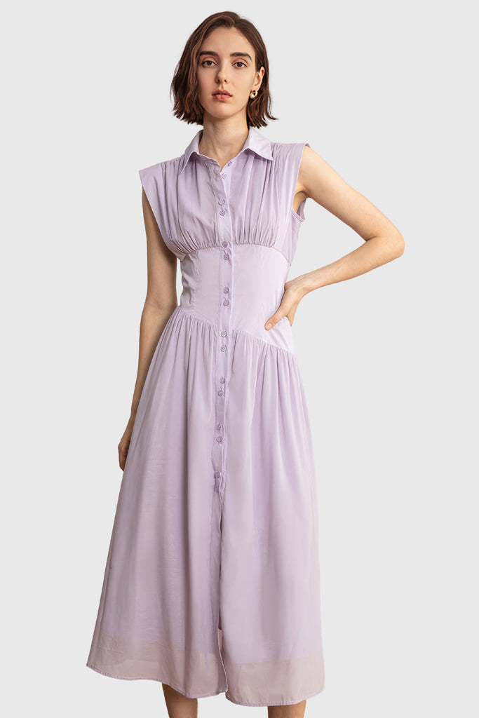 Sukienka midi z długim rękawem zapinana na guziki - fioletowa