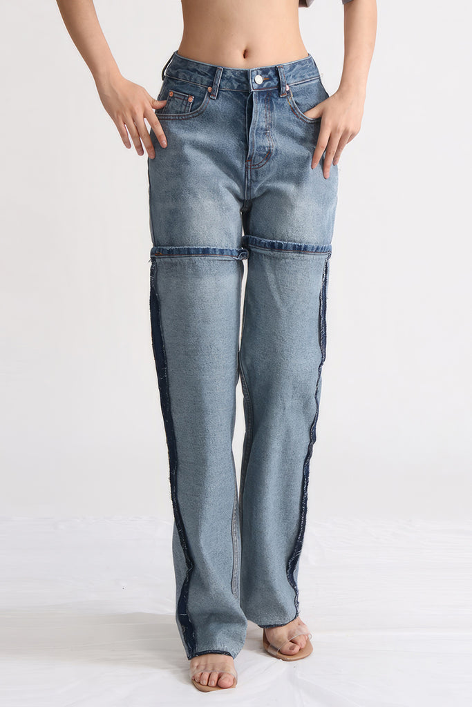 Jeans med høj talje og syningsdetaljer - blå