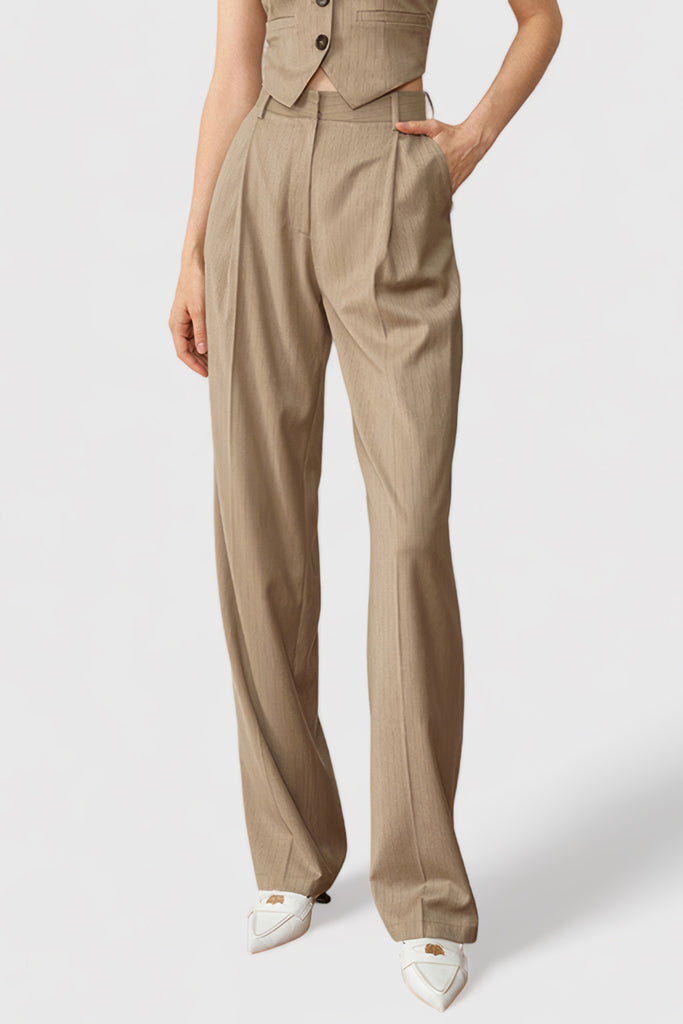 Oblekové kalhoty s vysokým pasem - hnědé