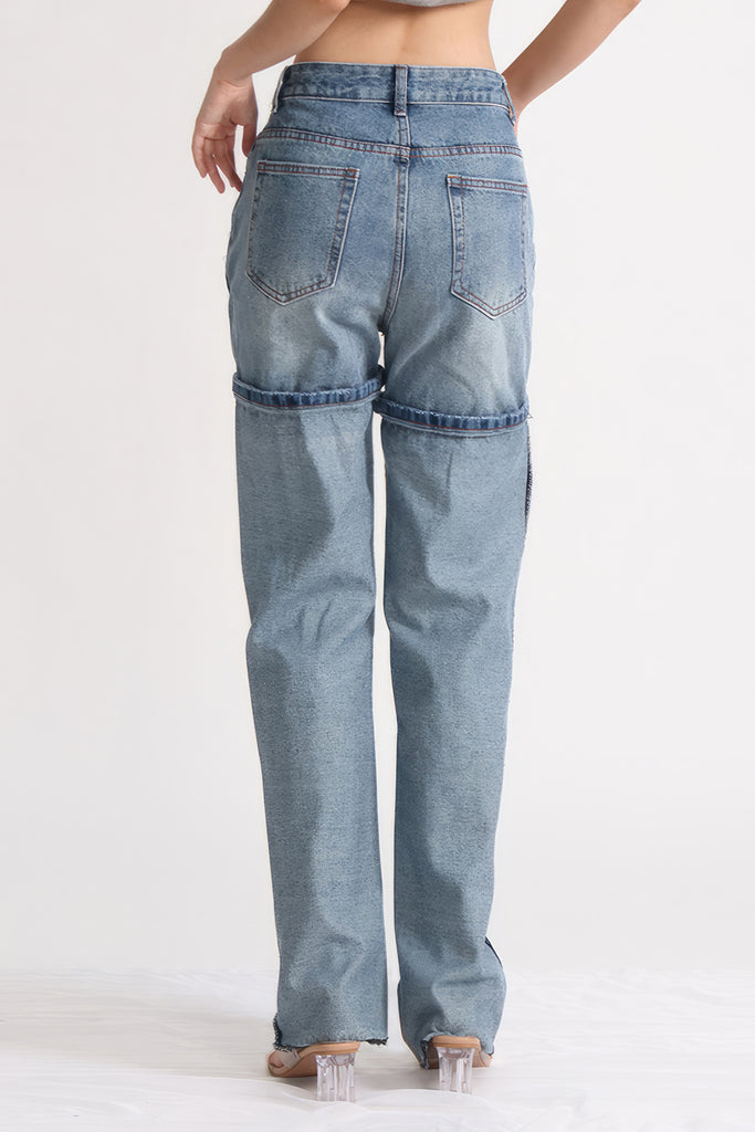Jeans med høj talje og syningsdetaljer - blå
