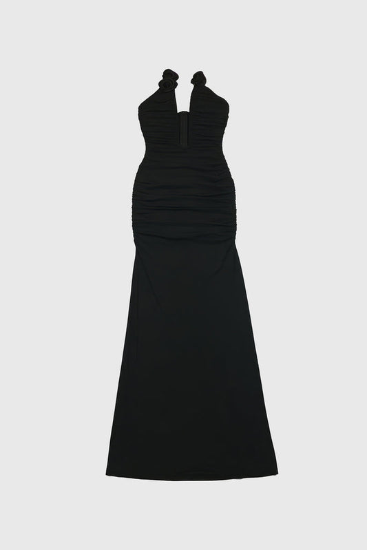 Maxi abito con rose - Nero