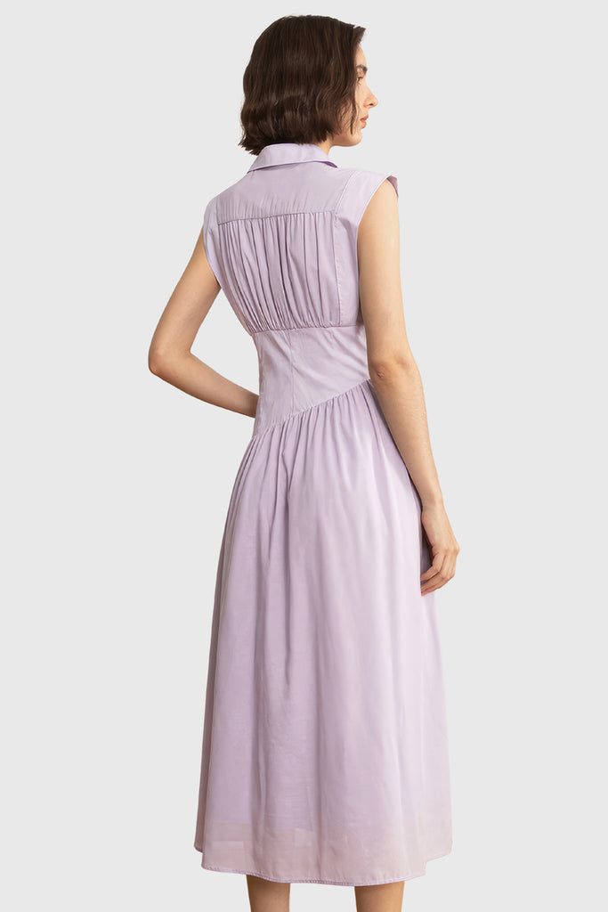 Sukienka midi z długim rękawem zapinana na guziki - fioletowa