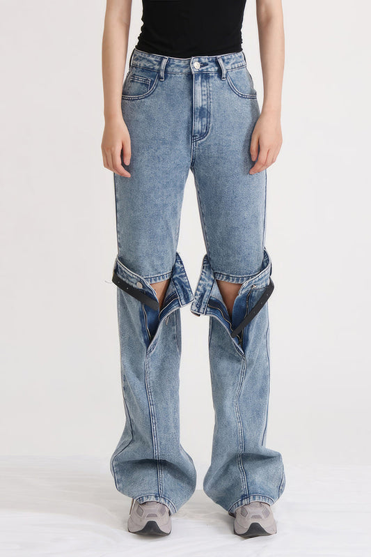 High Waisted Jeans with Knee Cuts - Blue