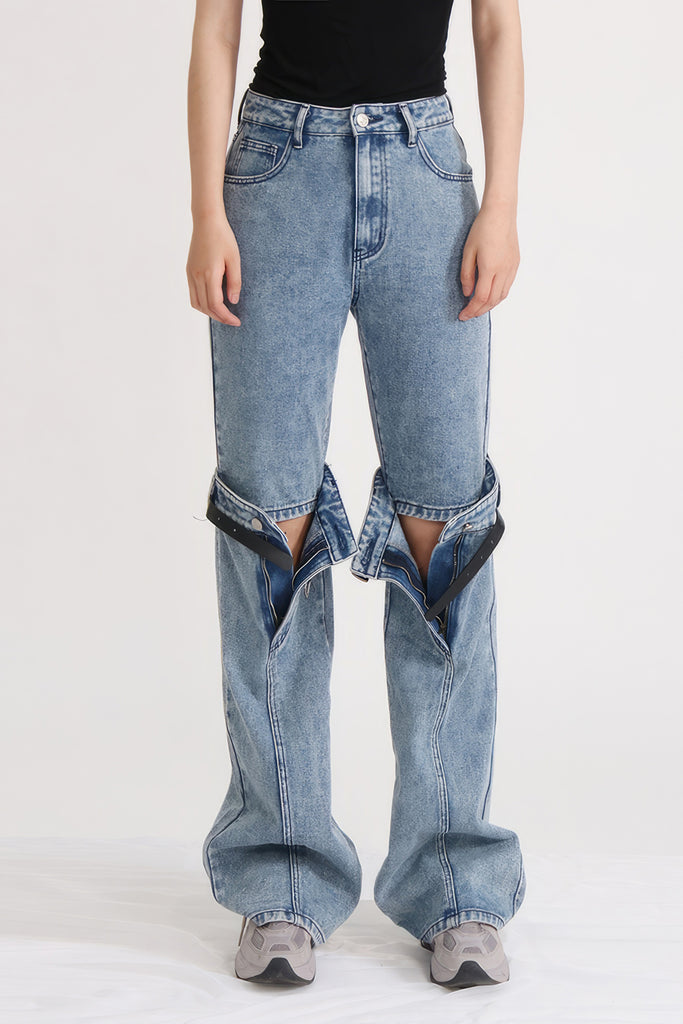 Jeans a vita alta con taglio al ginocchio - Blu