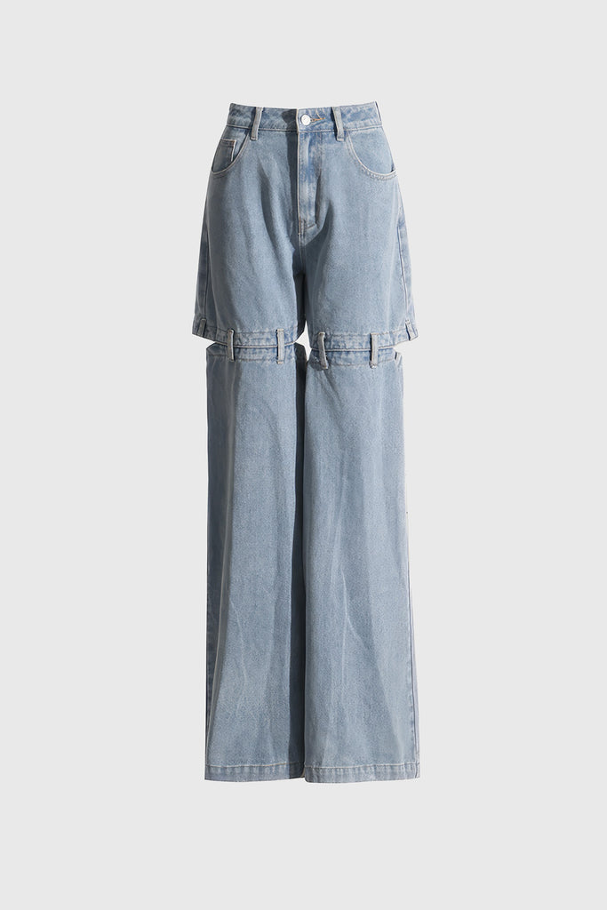 Džíny s vysokým pasem a vykrojením na zádech - sepraná modrá