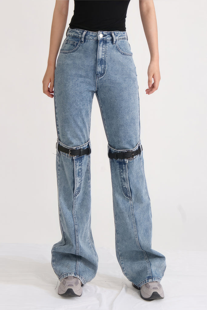 High Waisted Jeans met Knie Uitsnijdingen - Blauw