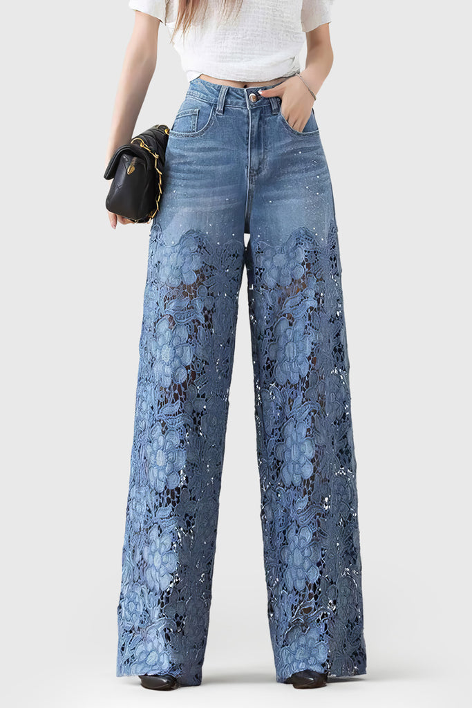 Široké džíny s krajkovým detailem - modré