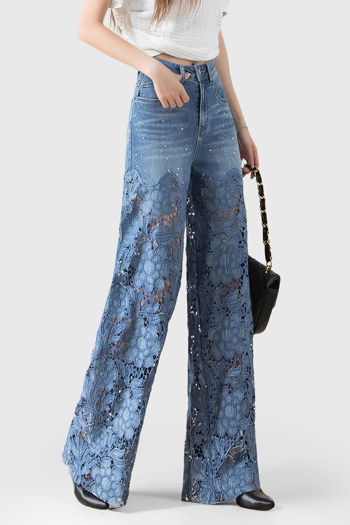 Jeans larghi con dettaglio in pizzo - Blu