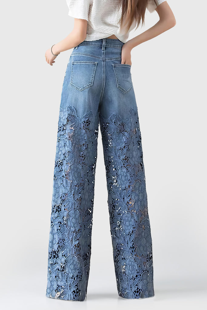 Wijde jeans met kantdetail - Blauw