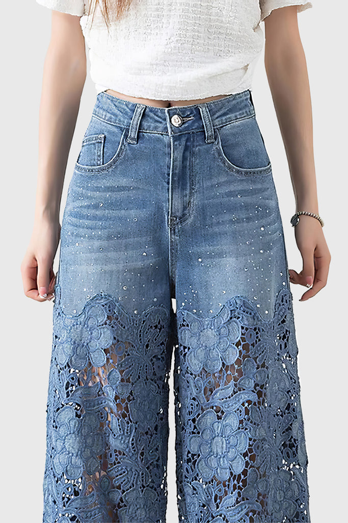 Wijde jeans met kantdetail - Blauw