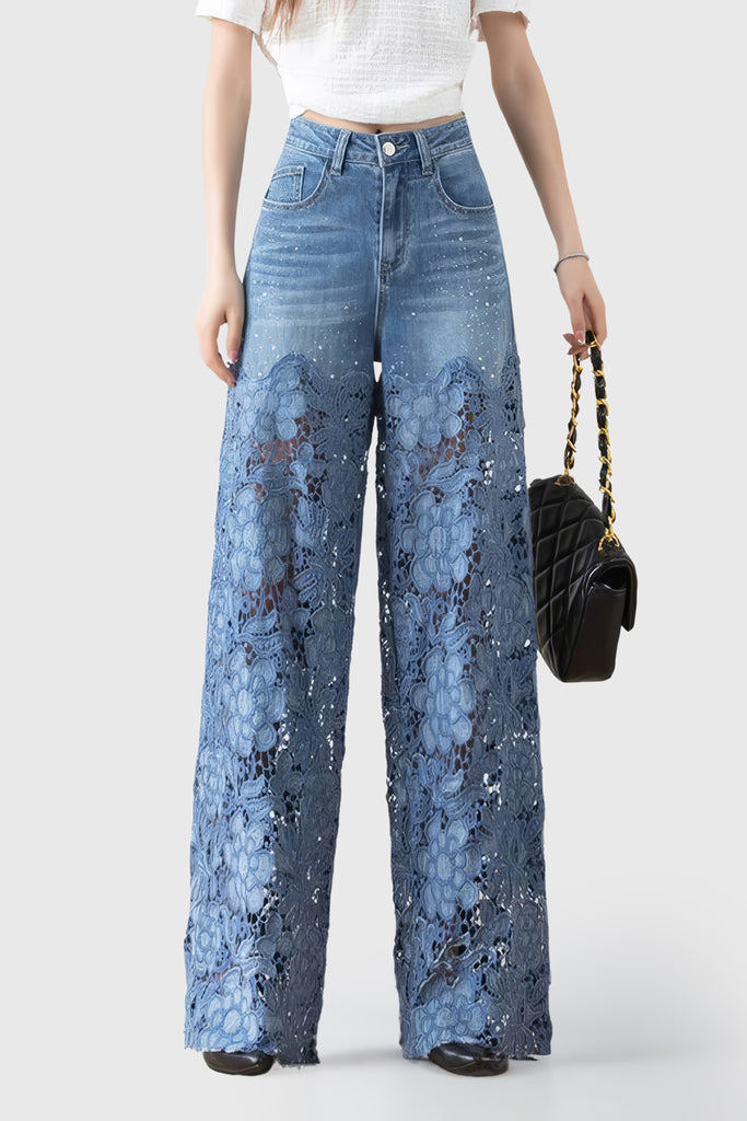 Jeans larghi con dettaglio in pizzo - Blu
