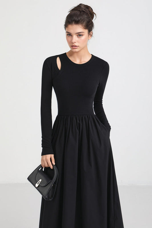 Long Sleeve Midi Dress with Pockets - Black