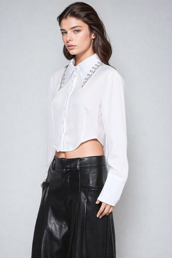 Cropped Long-Sleeve Shirt with Embellished Collar - White