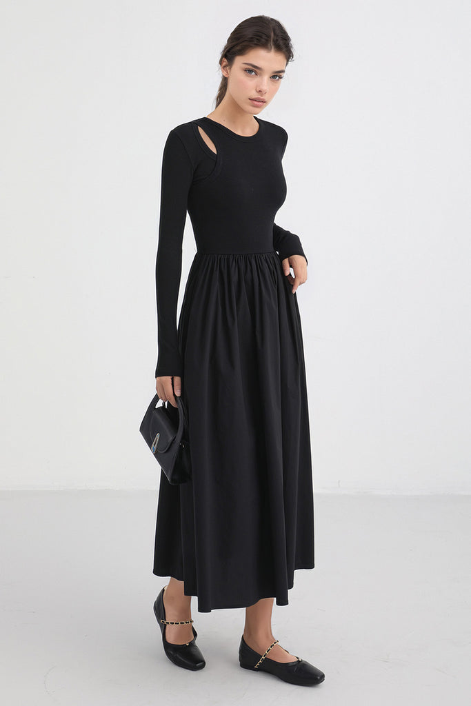 Midi-jurk met lange mouwen en zakken - Zwart