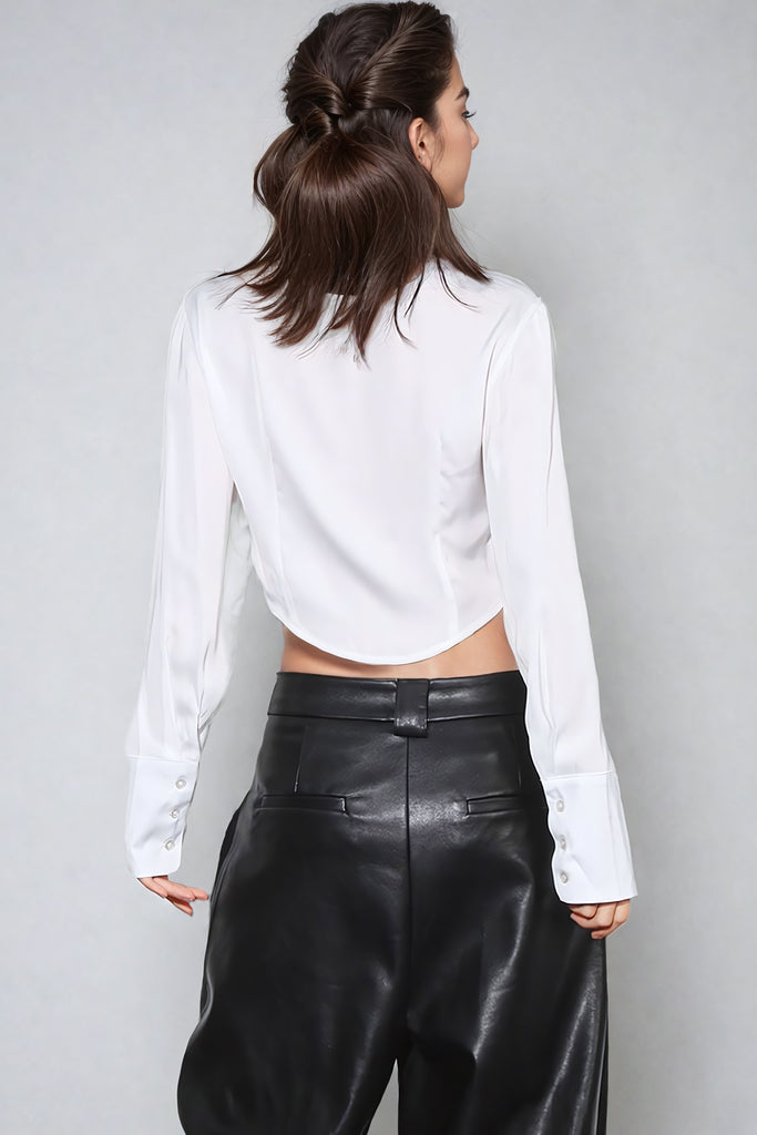 Cropped Long-Sleeve Shirt with Embellished Collar - White