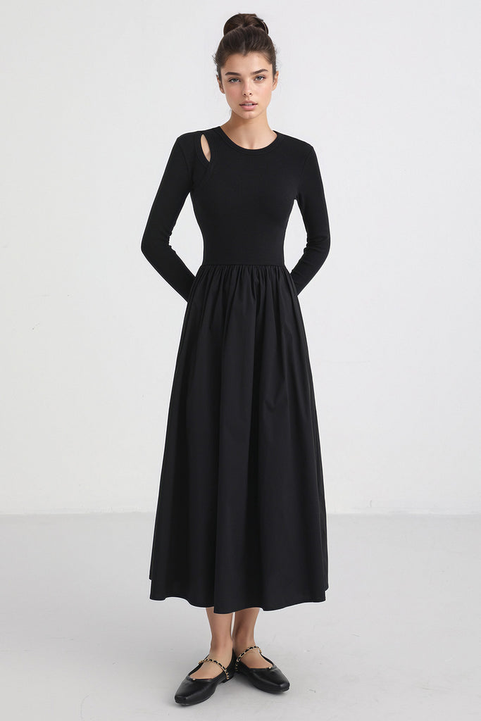 Sukienka midi z długim rękawem i kieszeniami - czarna