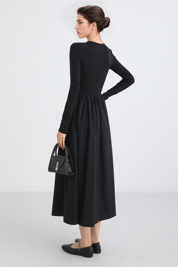 Robe midi à manches longues et poches - Noir