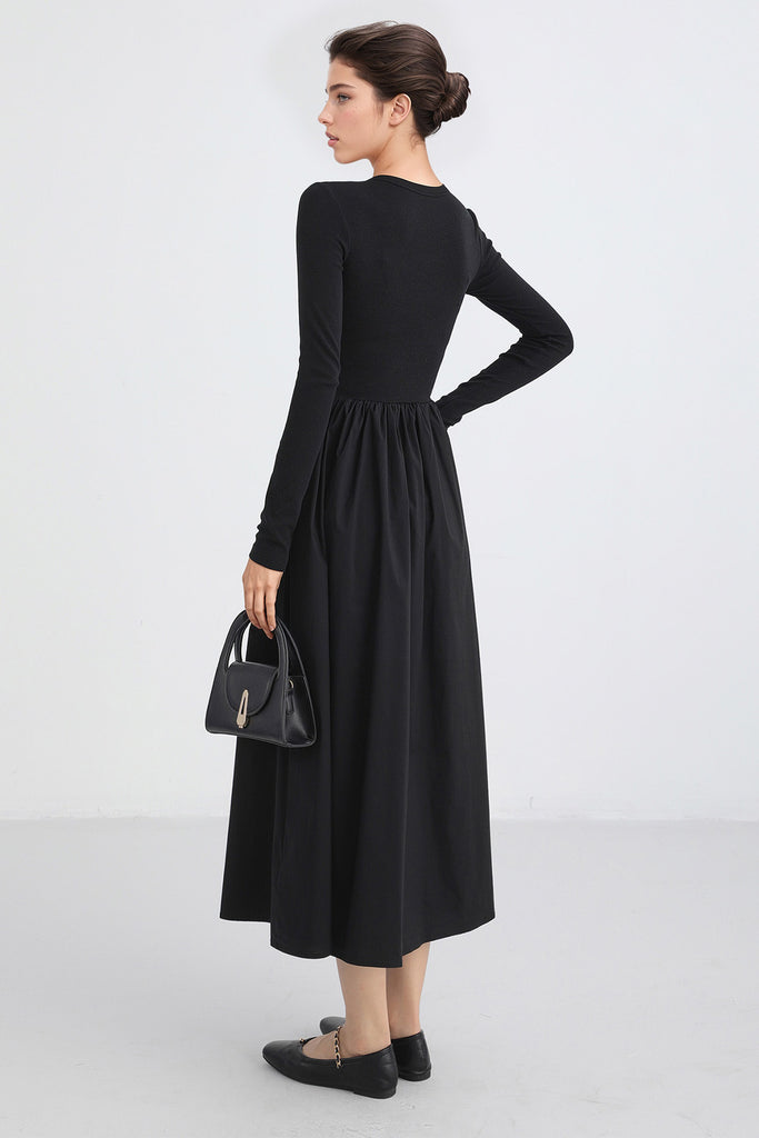 Long Sleeve Midi Dress with Pockets - Black