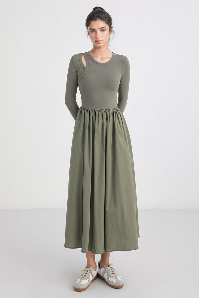 Sukienka midi z długim rękawem i kieszeniami - Zielona
