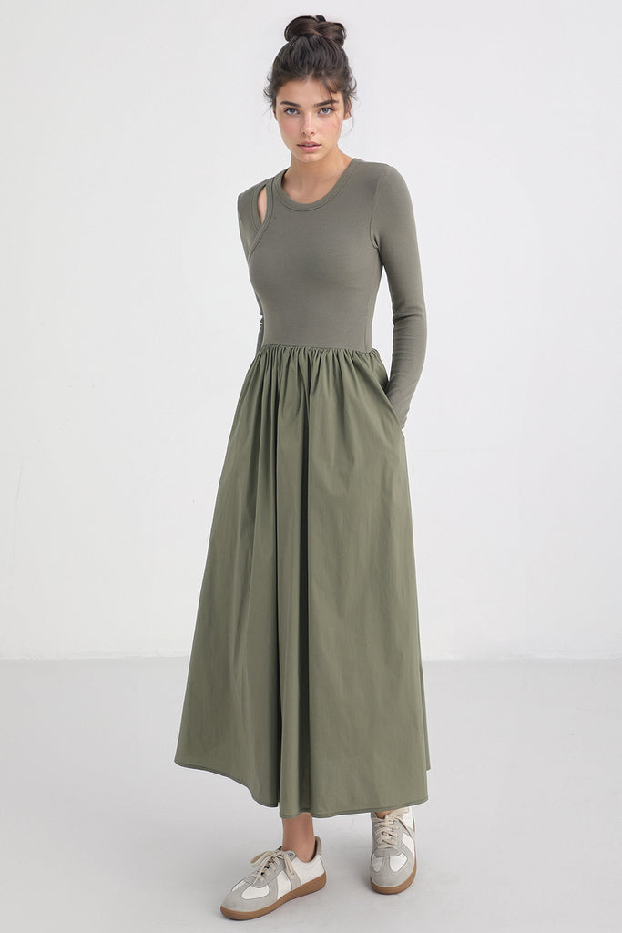 Robe midi à manches longues et poches - Vert