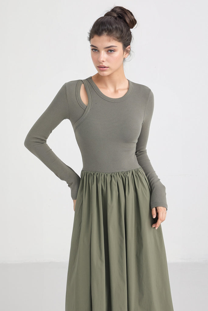 Robe midi à manches longues et poches - Vert