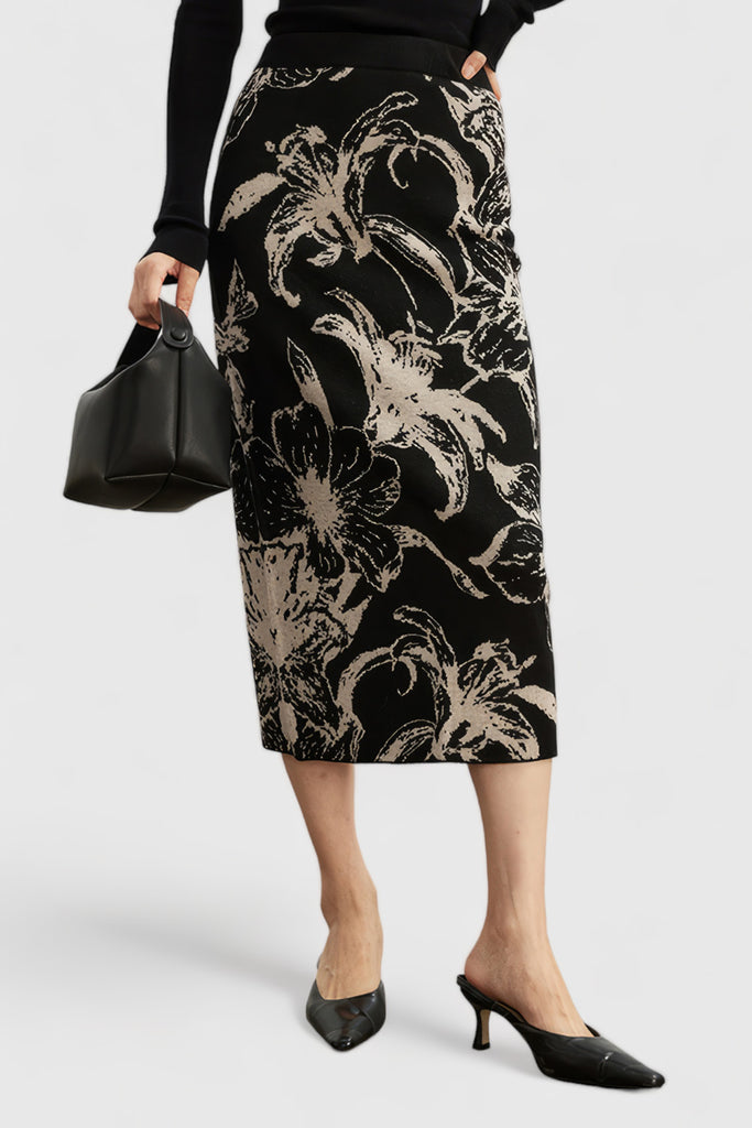 Knitted Patterned Midi Skirt - Black