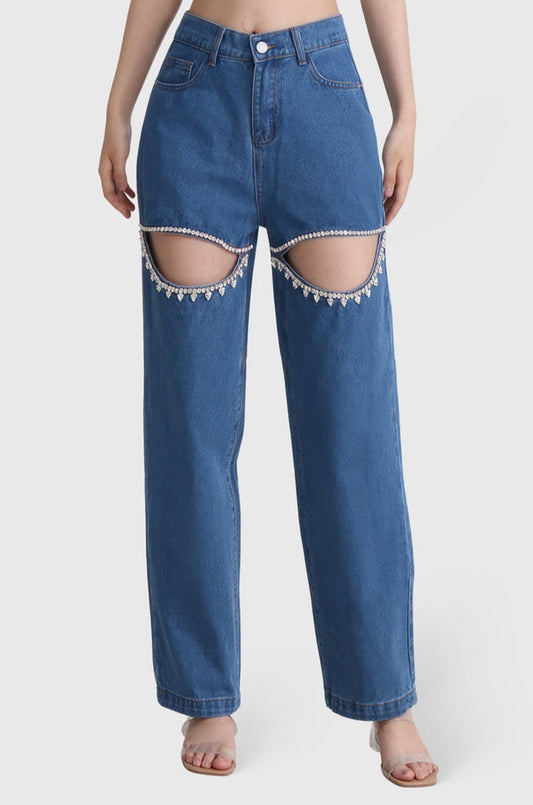 Jeans med hög midja och utskärningar - mörkblå