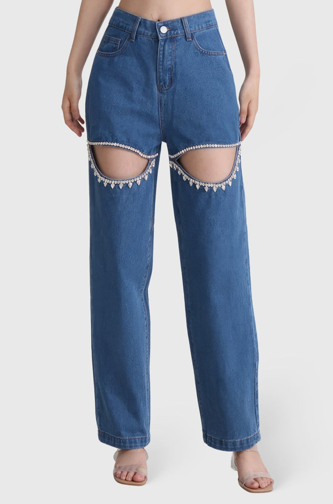 Jeans med høj talje og udskæringer - mørkeblå